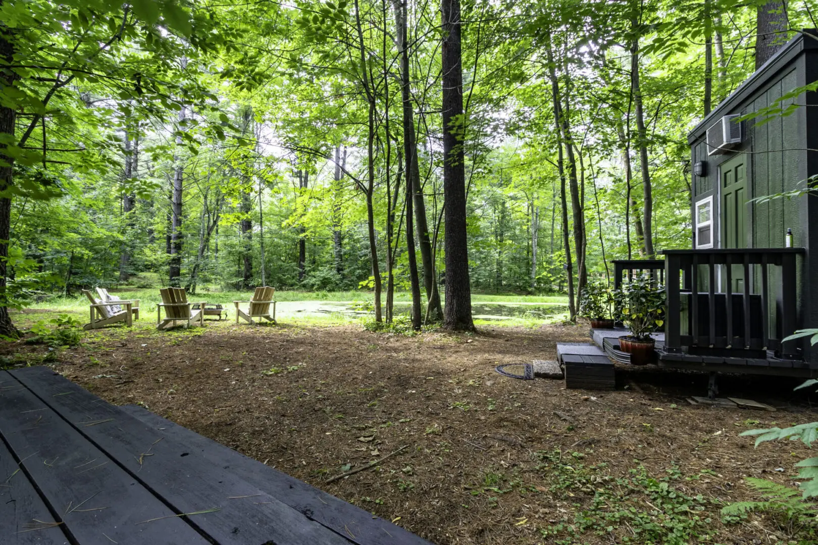 A wooden deck in the middle of a forest.